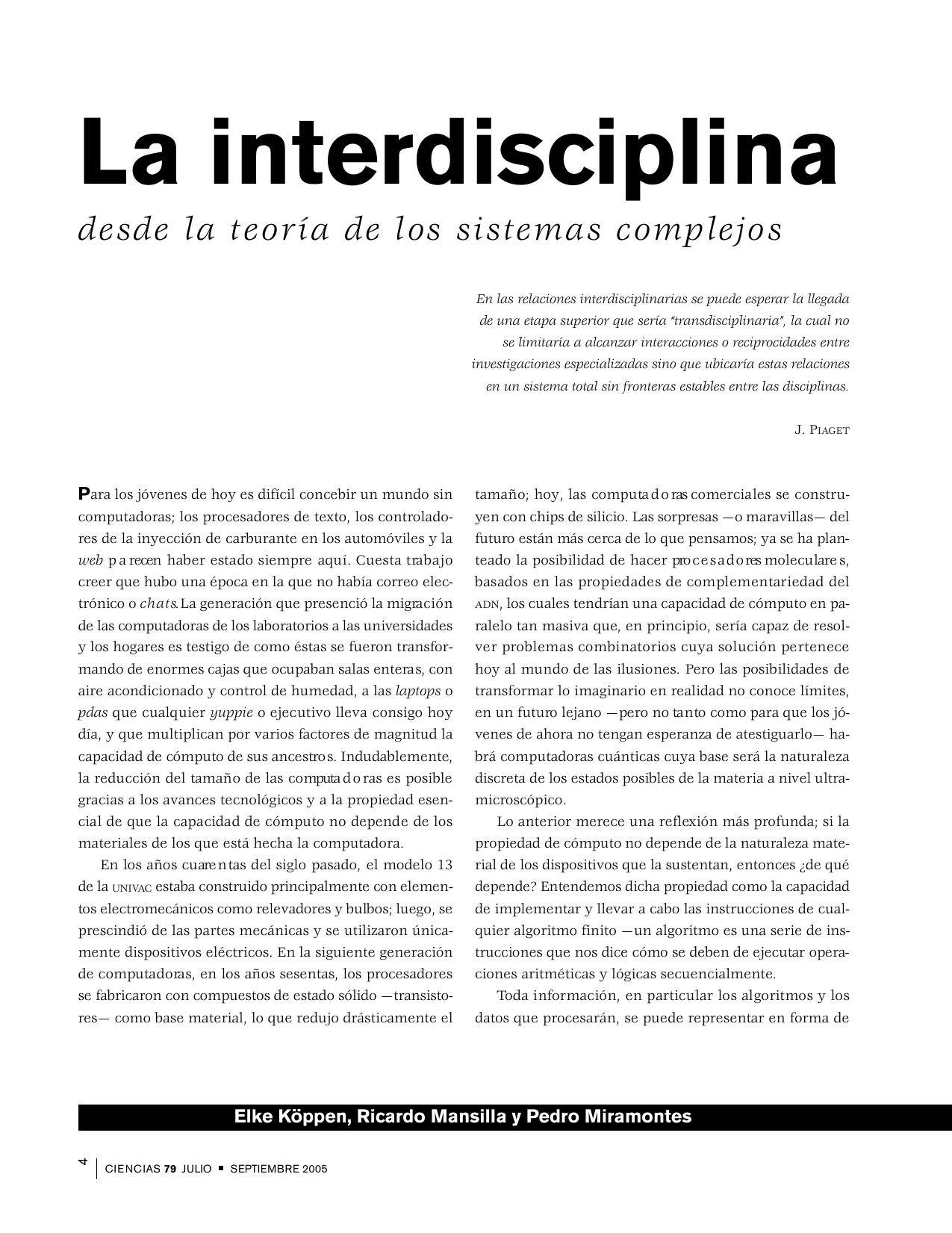 La Interdisciplina desde la teoria de los Sistemas Complejos